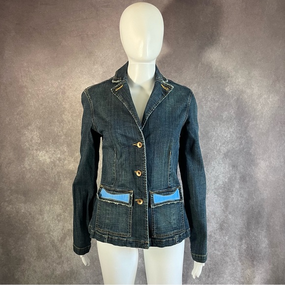 Jean Jacket Women Medium Blue Sunset Portrait Fitted Long Sleeve Denim Button Up - Picture 3 of 11